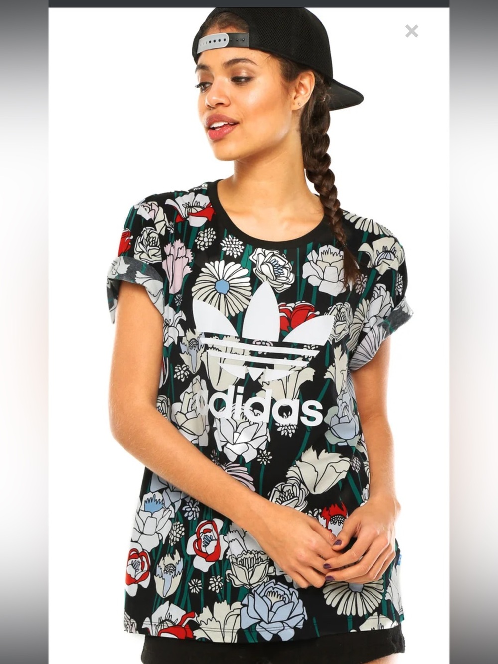 Adidas Black Floral Trefoil Tee with Multi-Color Blooms Oversized Fit